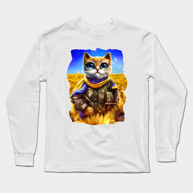 Ukrainian cat warrior in a field of sunflowers Long Sleeve T-Shirt by Marysha_art